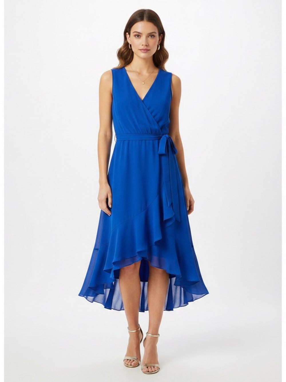 DKNY Sleeveless Wrap High-Low Dress in Cobalt Blue